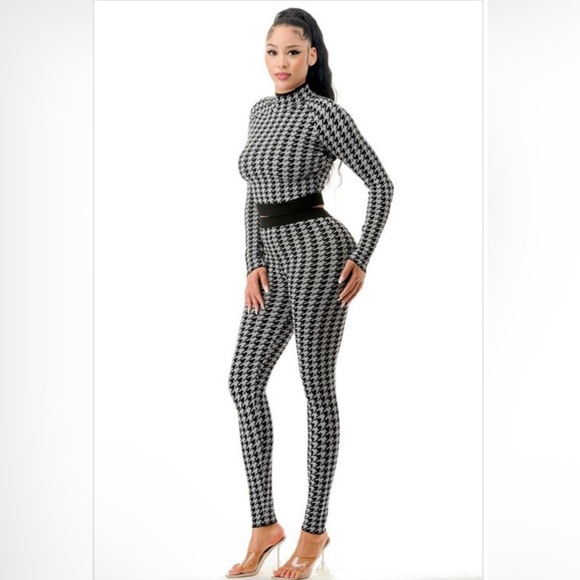 Gray/Black Houndstooth Soft Knit Casual Set Turtleneck Top/Pants Long Sleeve - Picture 5 of 8